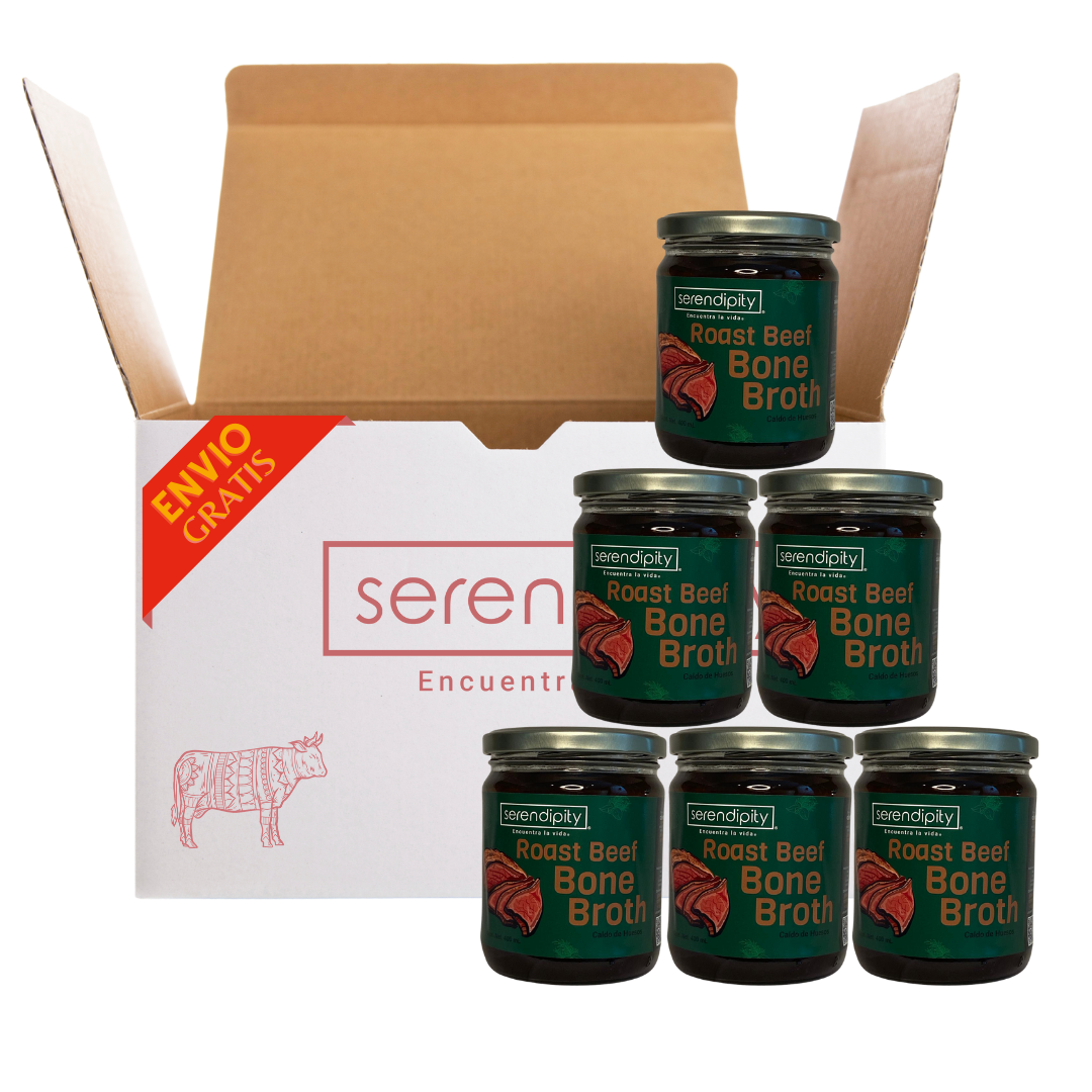 Bone Broth Roast Beef. Paquete de 6 y 12 frascos de 400 ml cada uno.