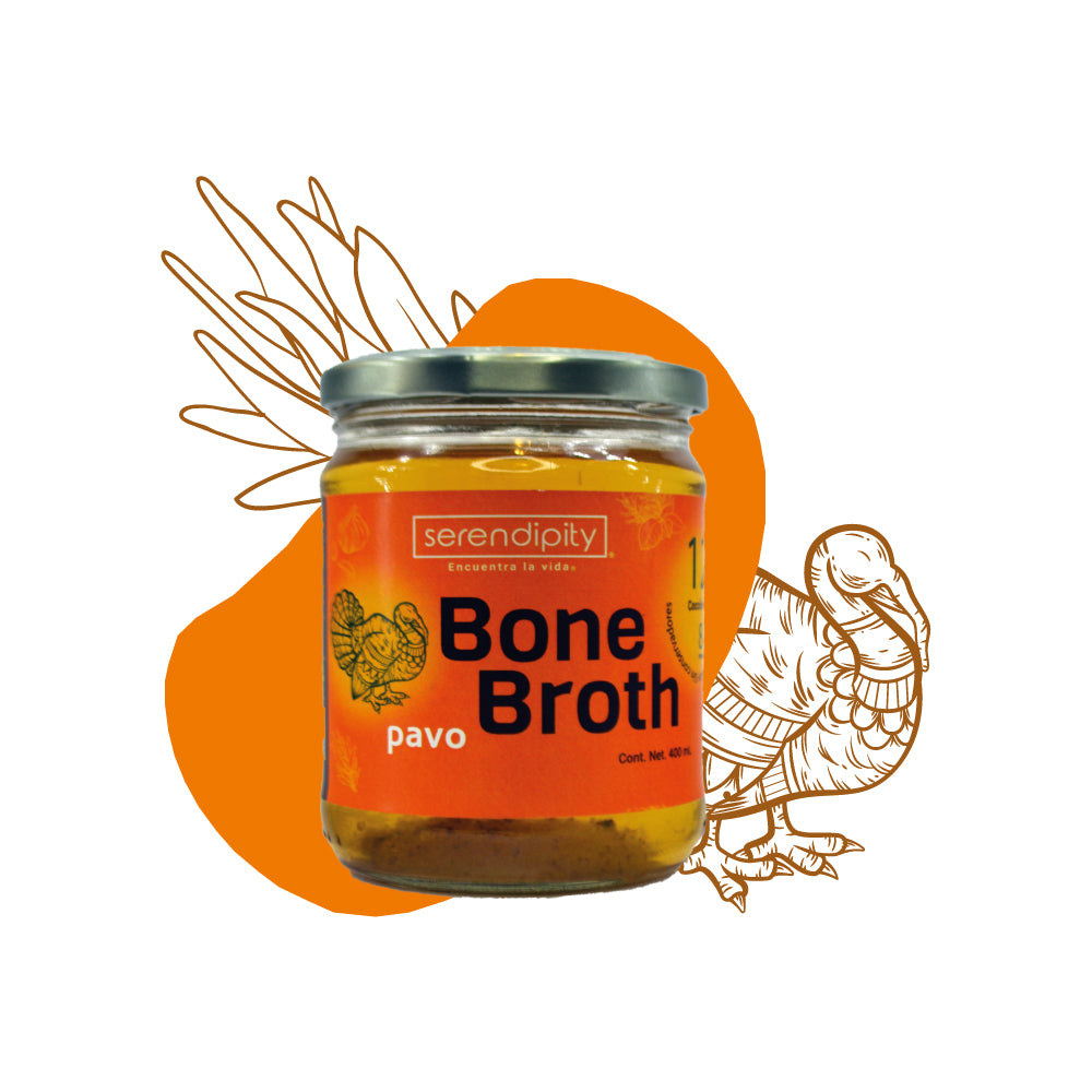 Bone Broth Pavo. Paquete de 6 y 12 frascos de 400 ml cada uno.