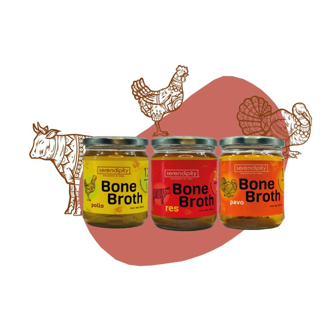Paquete MIXTO | Bone Broth Caldo de huesos pollo, pavo y res. Paquete de 6 y 12 frascos de caldo de huesos de 400ml c/u