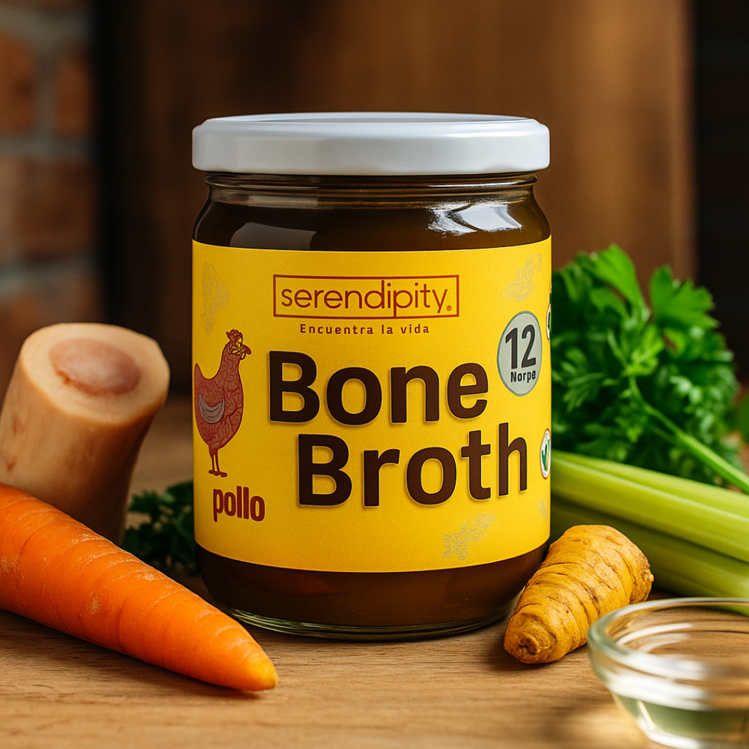 Taza de caldo de huesos de res orgánico junto a frasco Serendipity Bone Broth, ideal para salud digestiva, articulaciones y sistema inmune.