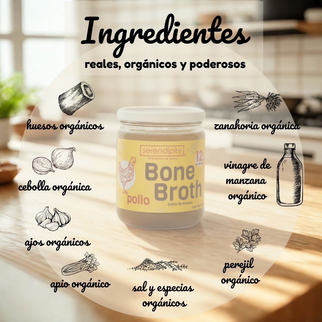 Imagen de un frasco de caldo de huesos orgánico de pollo Serendipity rodeado de ilustraciones de ingredientes naturales como huesos, cebolla, ajo, apio, zanahoria, vinagre de manzana, perejil y especias orgánicas, sobre fondo de cocina rústica.