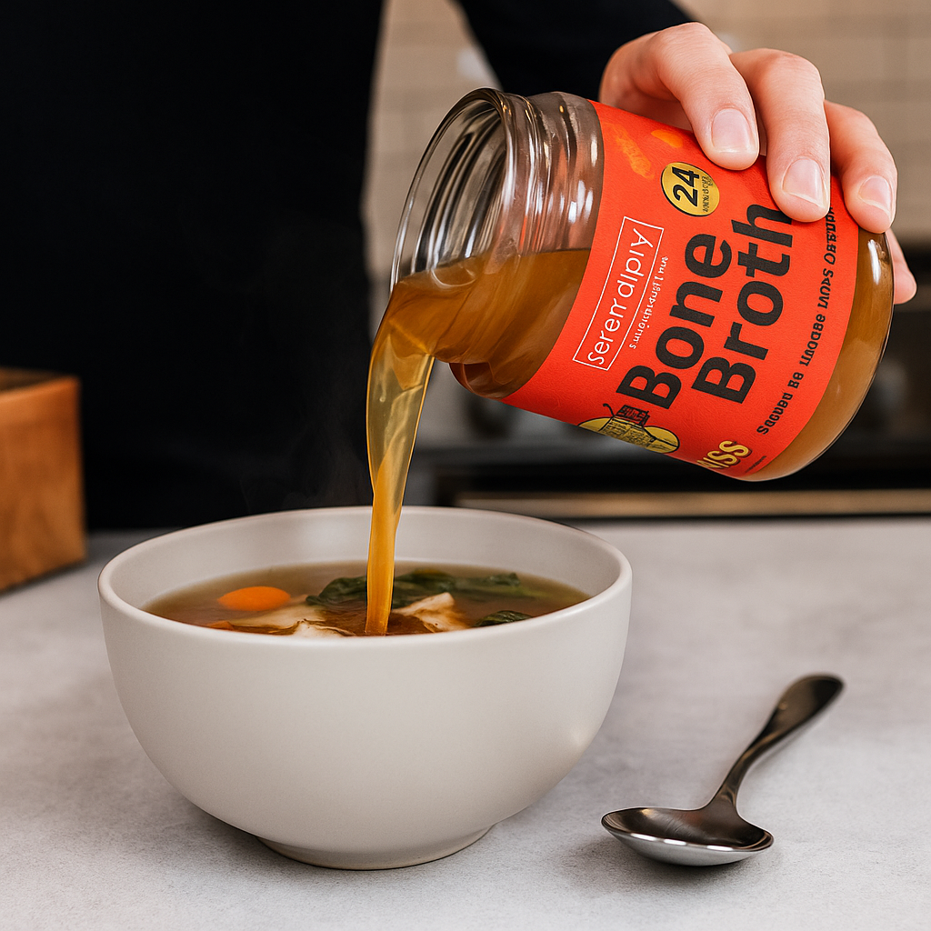 Taza de caldo de huesos de res orgánico junto a frasco Serendipity Bone Broth, ideal para salud digestiva, articulaciones y sistema inmune.