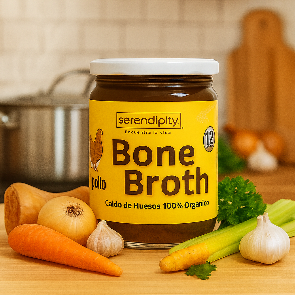 Taza de caldo de huesos de res orgánico junto a frasco Serendipity Bone Broth, ideal para salud digestiva, articulaciones y sistema inmune.
