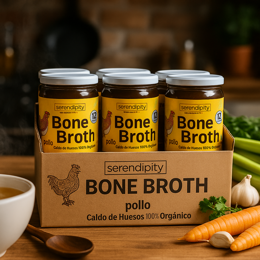 Caja con 6 frascos de caldo de huesos orgánico Serendipity, presentación ideal para consumo diario, elaborado con ingredientes naturales y sin conservadores