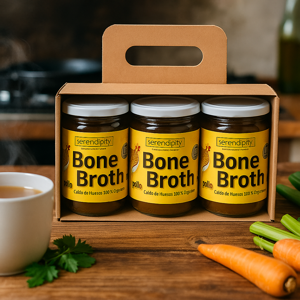 Caja con 3 frascos de caldo de huesos orgánico Serendipity, presentación ideal para consumo diario, elaborado con ingredientes naturales y sin conservadores