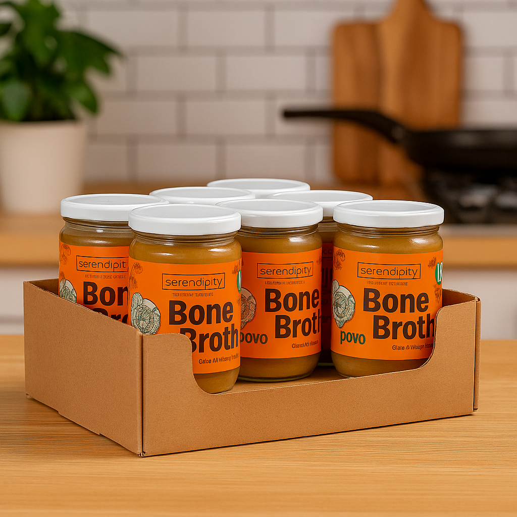 Caja con 6 frascos de caldo de huesos orgánico Serendipity, presentación ideal para consumo diario, elaborado con ingredientes naturales y sin conservadores