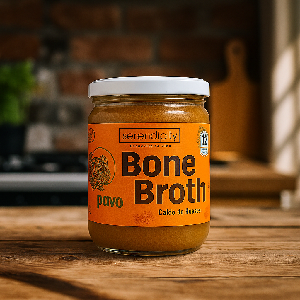 Frasco de caldo de huesos de pavo orgánico Serendipity, cocinado durante 12 horas para extraer colágeno, aminoácidos y minerales esenciales. Ideal para mejorar la digestión, fortalecer articulaciones y nutrir desde adentro. 400 ml de nutrición real, sin aditivos.