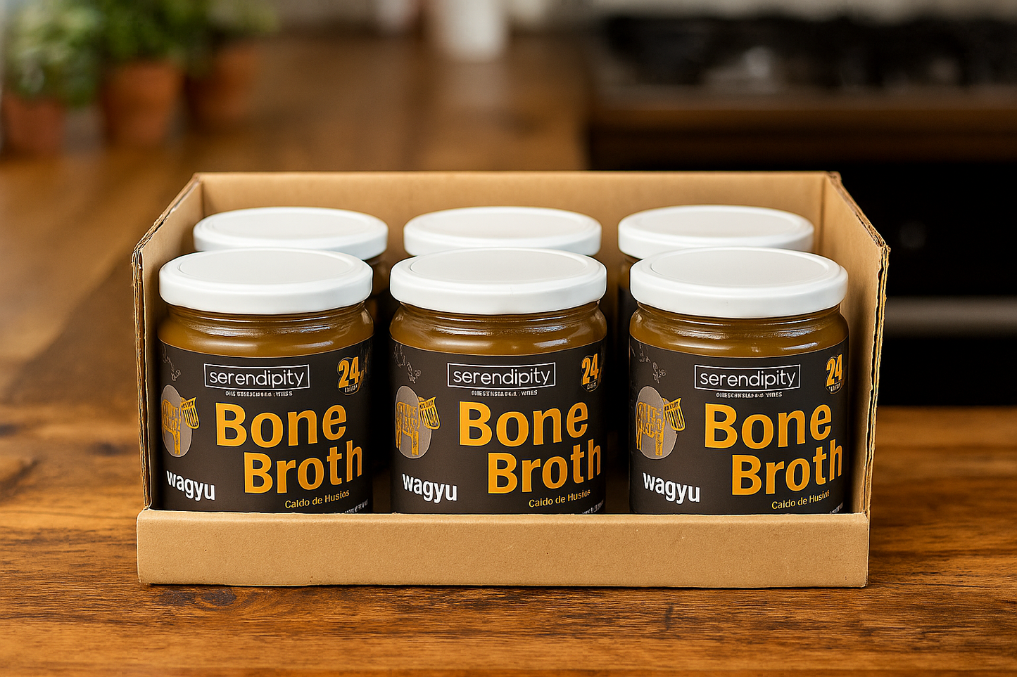 Caja con 6 frascos de caldo de huesos orgánico Serendipity, presentación ideal para consumo diario, elaborado con ingredientes naturales y sin conservadores