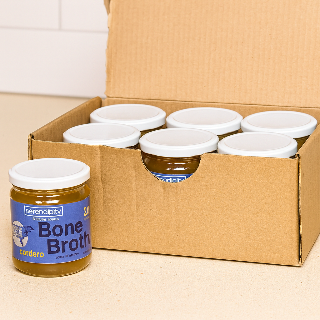 Caja con 6 frascos de caldo de huesos orgánico Serendipity, presentación ideal para consumo diario, elaborado con ingredientes naturales y sin conservadores