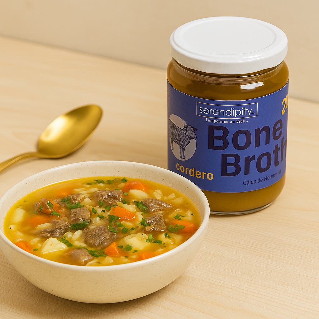 Taza de caldo de huesos de cordero orgánico junto a frasco Serendipity Bone Broth, ideal para salud digestiva, articulaciones y sistema inmune.