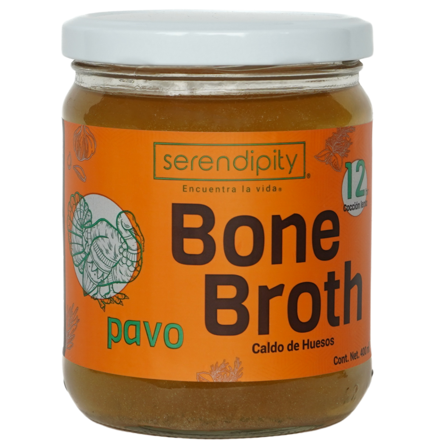 Frasco de caldo de huesos de pavo orgánico Serendipity, cocinado durante 12 horas para extraer colágeno, aminoácidos y minerales esenciales. Ideal para mejorar la digestión, fortalecer articulaciones y nutrir desde adentro. 400 ml de nutrición real, sin aditivos.
