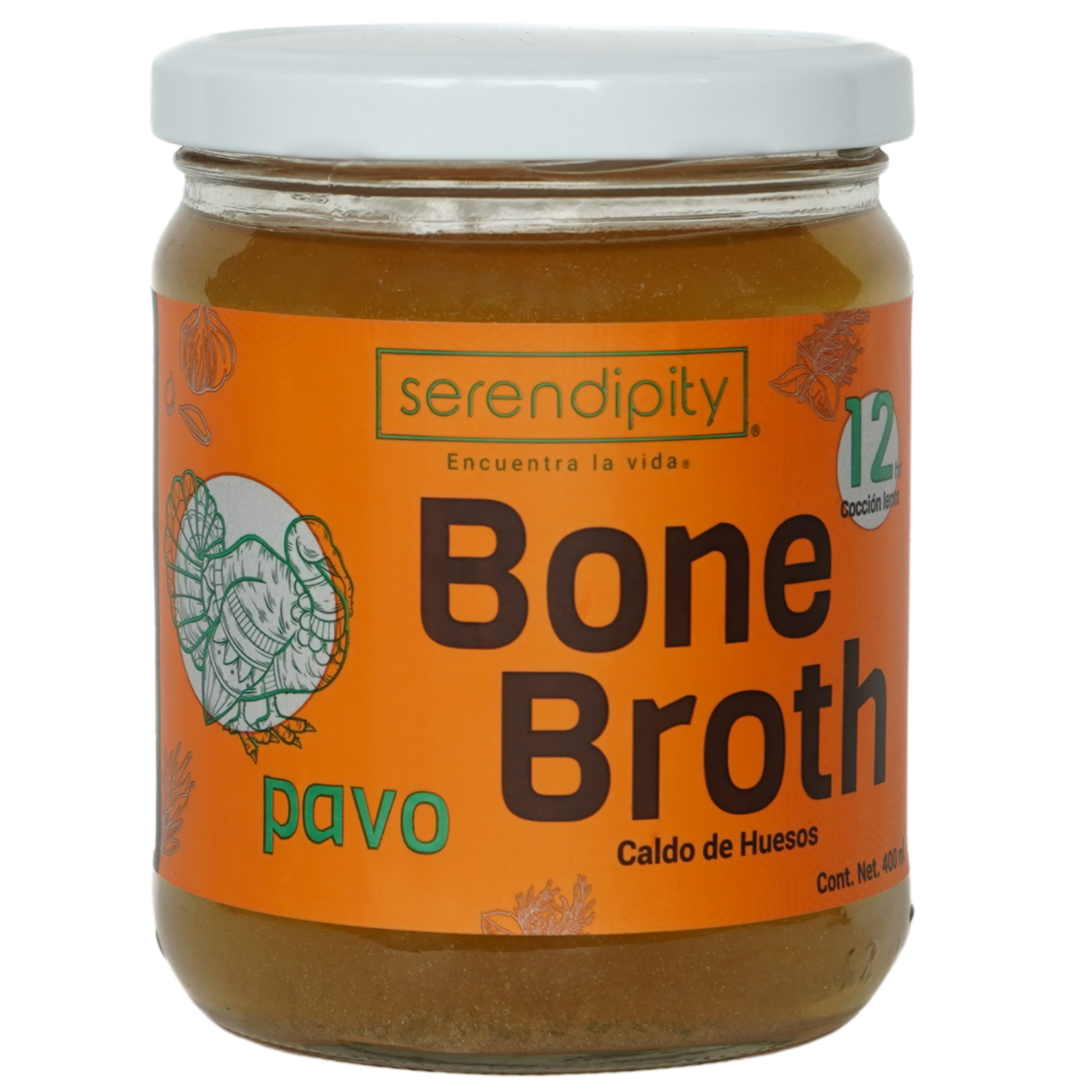 Frasco de caldo de huesos de pavo orgánico Serendipity, cocinado durante 12 horas para extraer colágeno, aminoácidos y minerales esenciales. Ideal para mejorar la digestión, fortalecer articulaciones y nutrir desde adentro. 400 ml de nutrición real, sin aditivos.
