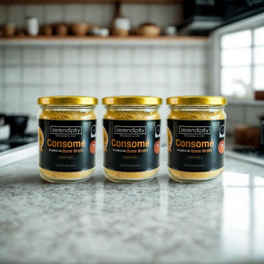 Tres frascos de Consomé en polvo de Bone Broth Serendipity, cada uno con 335 g, sazonador natural elaborado con huesos de libre pastoreo y verduras orgánicas, sin gluten ni conservadores