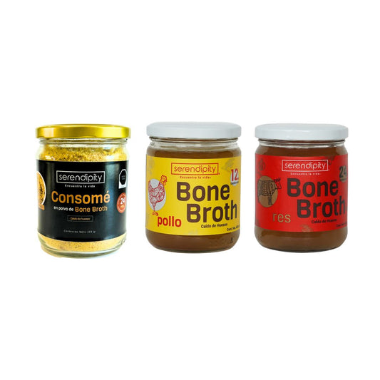 Caldo de huesos orgánico Res y Pollo y consomé en polvo Serendipity Life, sabor auténtico y nutrición real.