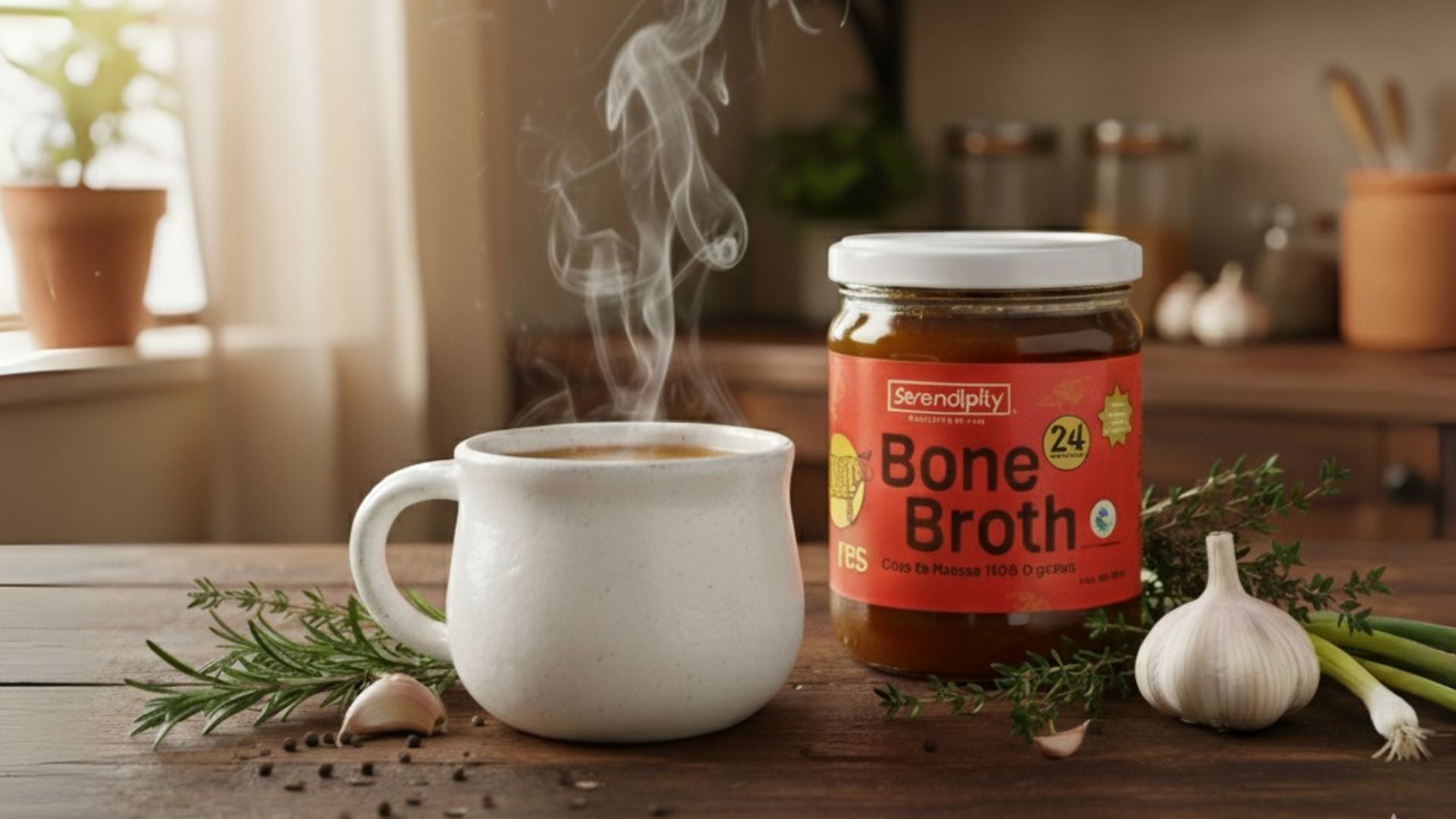 Caldo de huesos organico serendipity bone broth en una cocina con una taza humeante
