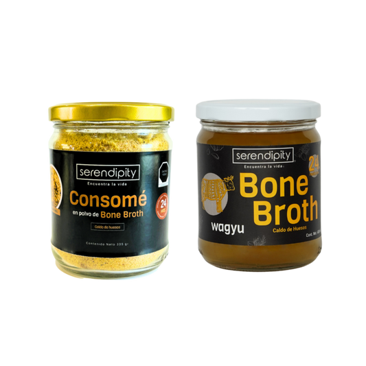 Caldo de huesos orgánico Wagyu y consomé en polvo Serendipity Life, sabor auténtico y nutrición real.