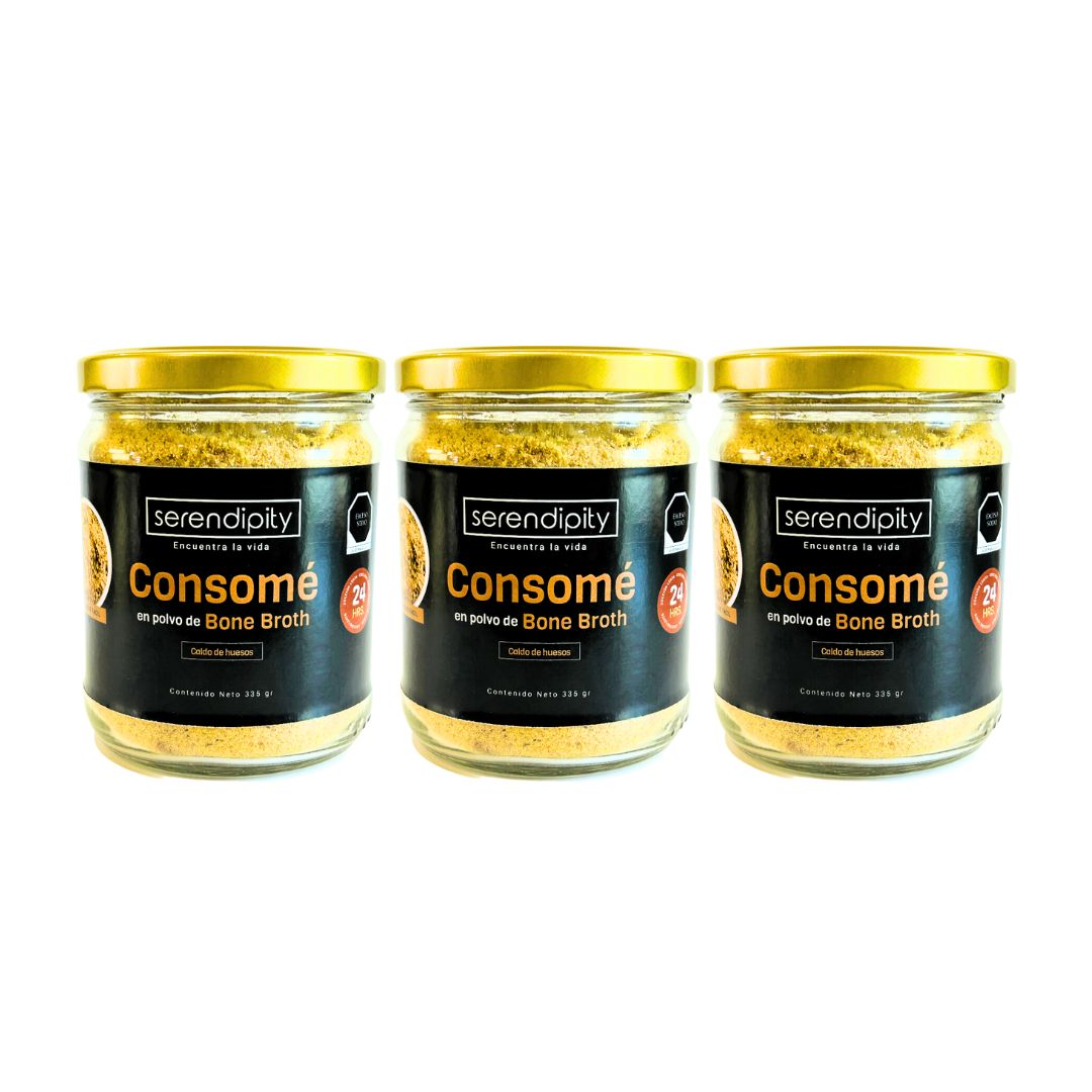 Tres frascos de Consomé en polvo de Bone Broth Serendipity, cada uno con 335 g, sazonador natural elaborado con huesos de libre pastoreo y verduras orgánicas, sin gluten ni conservadores