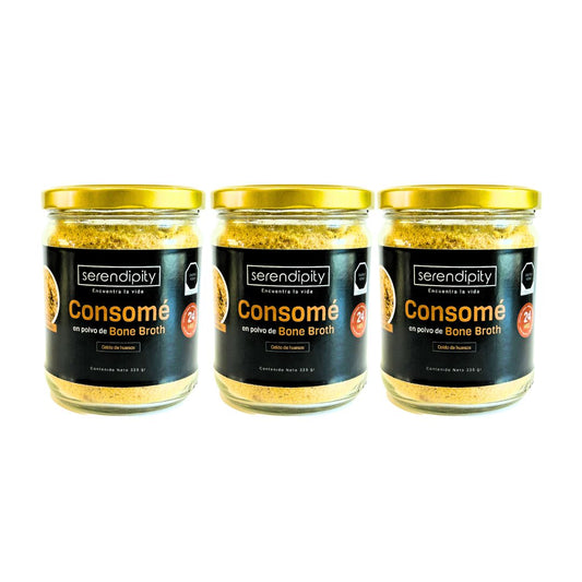 Tres frascos de Consomé en polvo de Bone Broth Serendipity, cada uno con 335 g, sazonador natural elaborado con huesos de libre pastoreo y verduras orgánicas, sin gluten ni conservadores