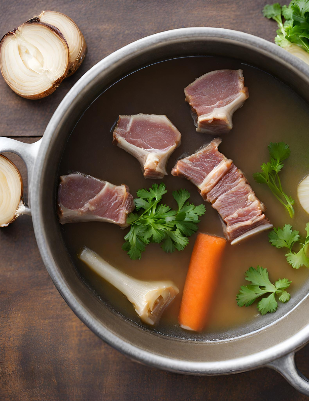 Receta de Caldo de Huesos Orgánico de Serendipity Life, mostrando ingredientes frescos como huesos de res de libre pastoreo y verduras orgánicas, ideal para preparar un nutritivo y reconfortante caldo en casa