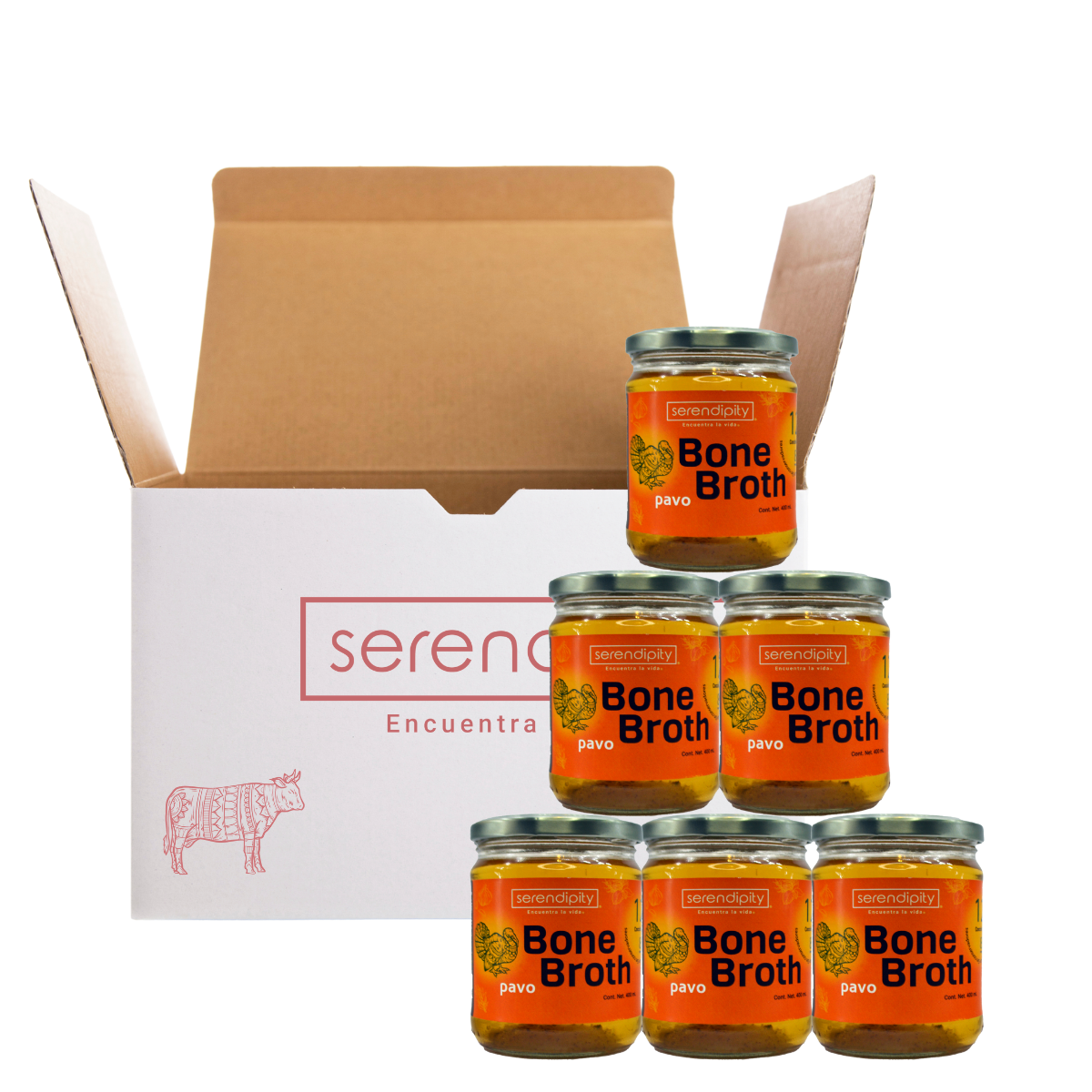 Bone Broth Pavo. Paquete de 6 y 12 frascos de 400 ml cada uno.