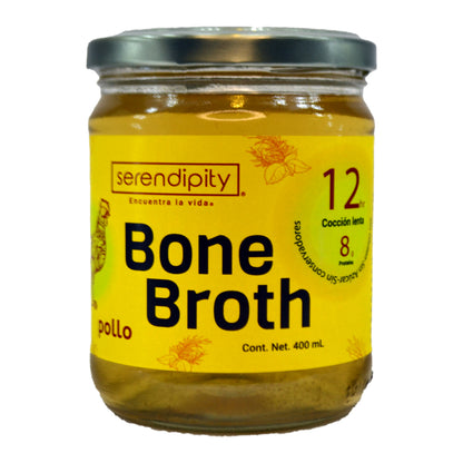 Bone Broth Pollo. Paquete de 6 y 12 frascos de 400 ml cada uno.