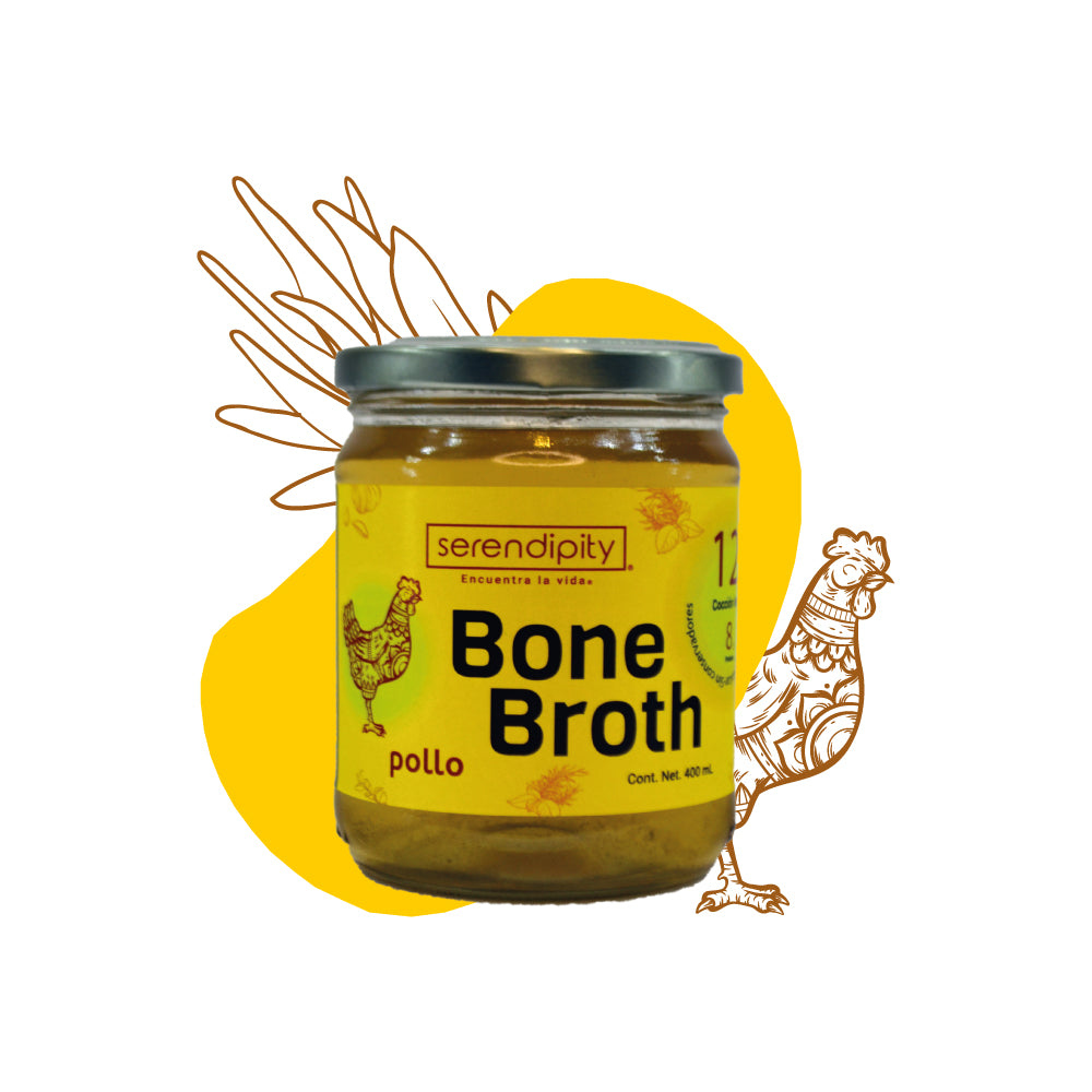 Bone Broth Pollo. Paquete de 6 y 12 frascos de 400 ml cada uno.