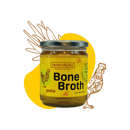 Bone Broth Pollo. Paquete de 6 y 12 frascos de 400 ml cada uno.