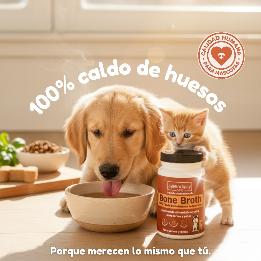 Perro y gato tomando caldo de huesos para mascotas de Serendipity Pets, suplemento natural con colágeno y proteína para articulaciones, digestión y apetito saludable