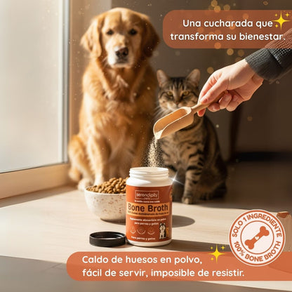 Frasco de caldo de huesos en polvo para perro, suplemento natural rico en colágeno y proteína, ideal para articulaciones y digestión 