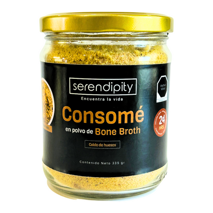 Frasco de Consomé de Caldo de Huesos en polvo, 335 gramos, elaborado con ingredientes orgánicos y sin aditivos, ideal para realzar el sabor de tus platillos.