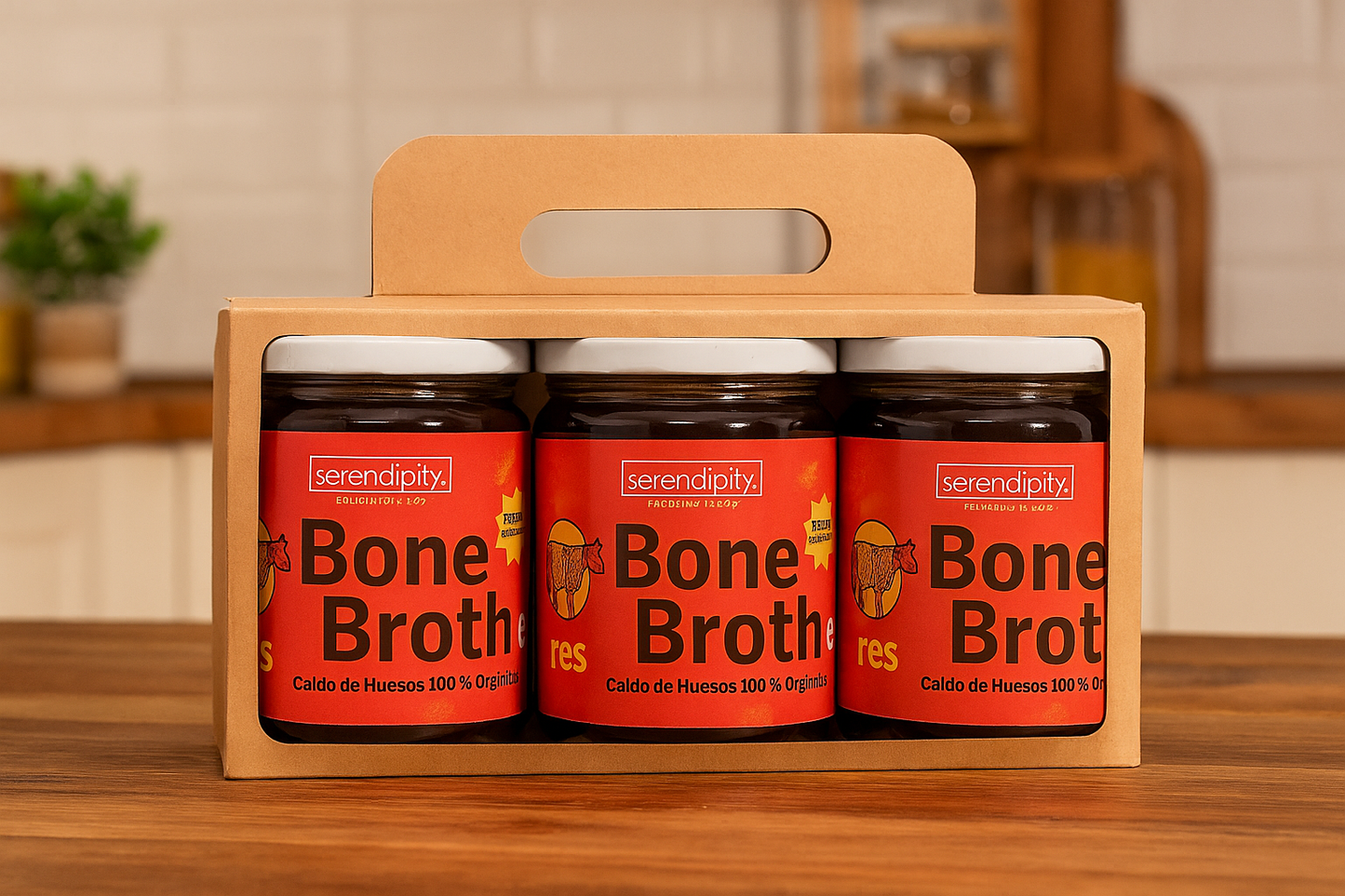 Caja con 3 frascos de caldo de huesos orgánico Serendipity, presentación ideal para consumo diario, elaborado con ingredientes naturales y sin conservadores