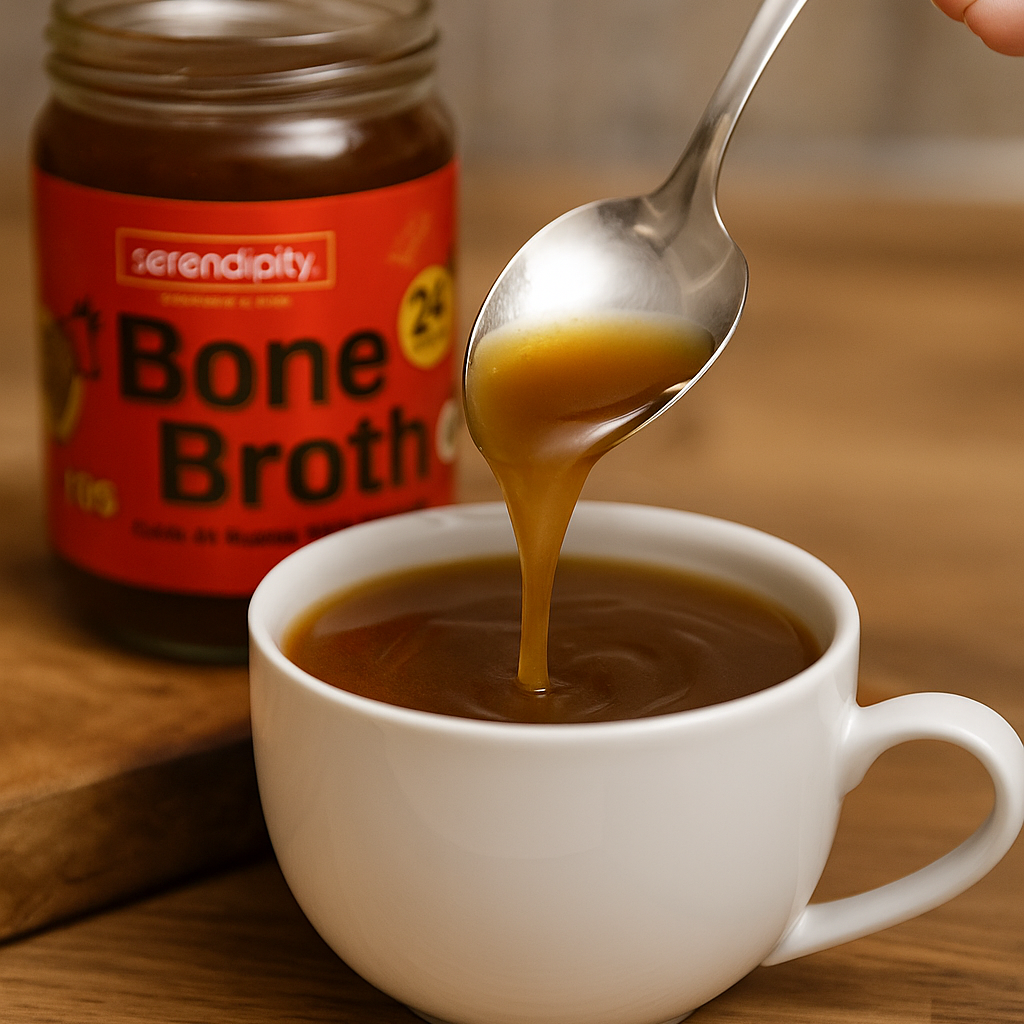 Taza de caldo de huesos de res orgánico junto a frasco Serendipity Bone Broth, ideal para salud digestiva, articulaciones y sistema inmune.