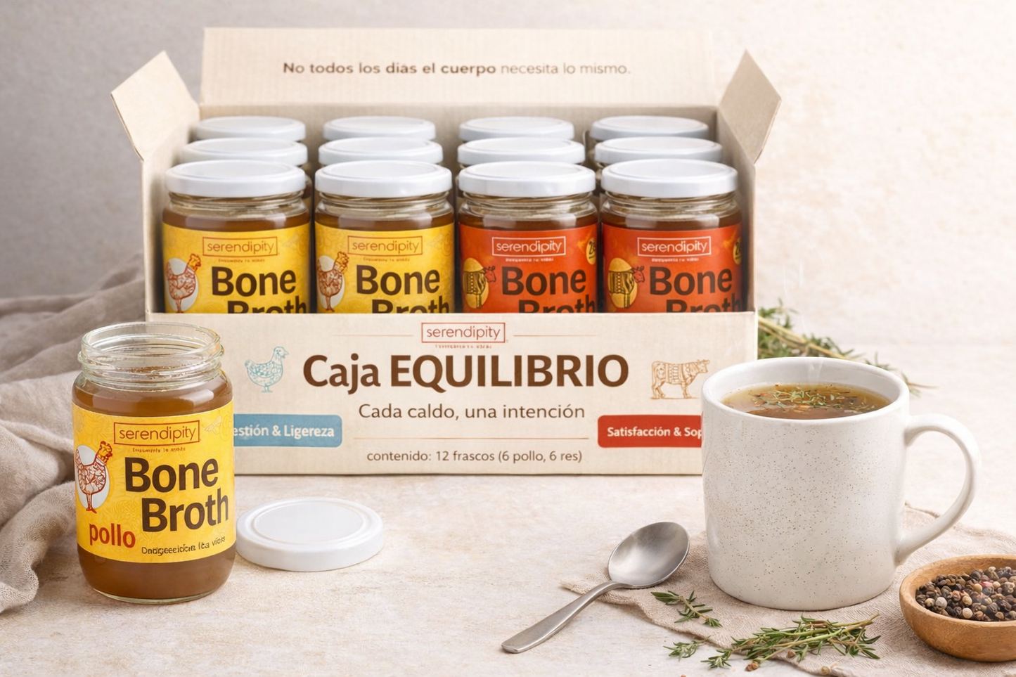 Caja EQUILIBRIO | 12 Caldos de Huesos (6 Pollo, 6 Res)