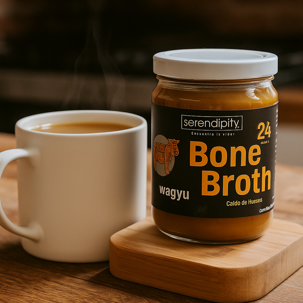 Taza de caldo de huesos de wagyu orgánico junto a frasco Serendipity Bone Broth, ideal para salud digestiva, articulaciones y sistema inmune.