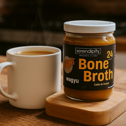 Taza de caldo de huesos de wagyu orgánico junto a frasco Serendipity Bone Broth, ideal para salud digestiva, articulaciones y sistema inmune.