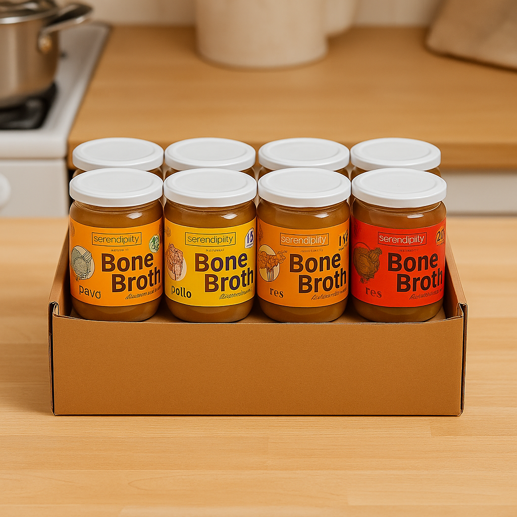 Caja con 12 frascos de caldo de huesos orgánico Serendipity, presentación ideal para consumo diario, elaborado con ingredientes naturales y sin conservadores