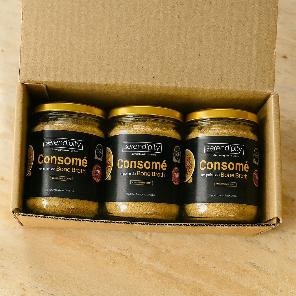 Tres frascos de Consomé en polvo de Bone Broth Serendipity, cada uno con 335 g, sazonador natural elaborado con huesos de libre pastoreo y verduras orgánicas, sin gluten ni conservadores
