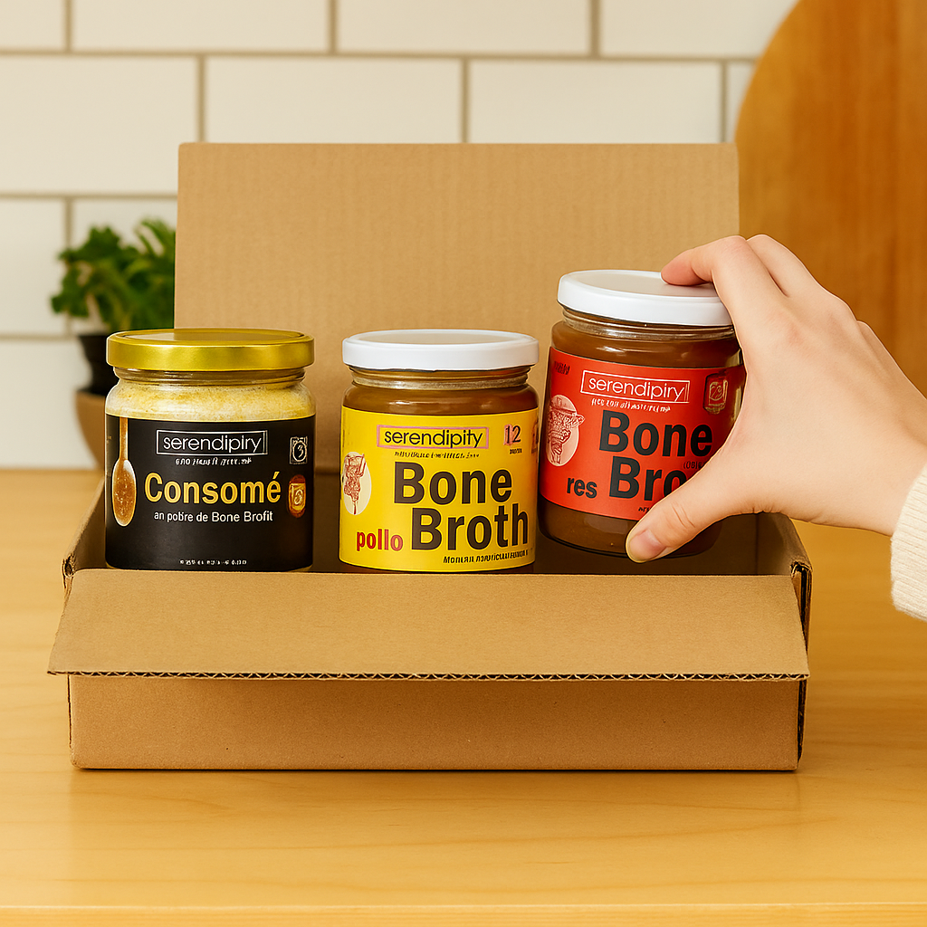 Caja de 3 Serendipity Life:  caldos de huesos Res y Pollo + consomé en polvo, nutrición orgánica y sabor premium.