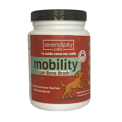 “Frasco de suplemento Mobility Serendipity Pets para perros y gatos, con caldo de huesos en polvo y nutrientes que apoyan articulaciones, movilidad y bienestar de mascotas