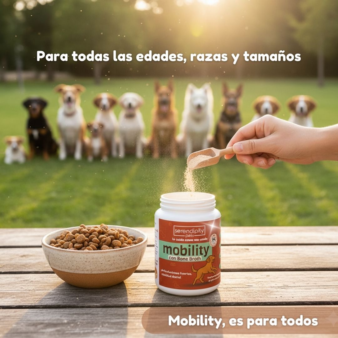 “Frasco de suplemento Mobility Serendipity Pets para perros y gatos, con caldo de huesos en polvo y nutrientes que apoyan articulaciones, movilidad y bienestar de mascotas
