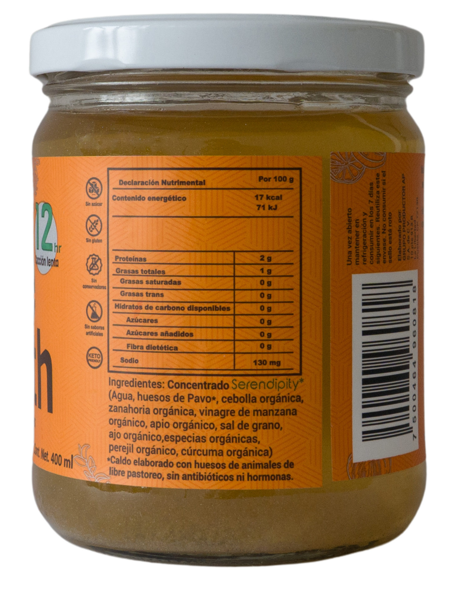 "Imagen de un frasco de caldo de huesos orgánico de pollo de Serendipity Life, con la tabla nutricional claramente visible en la etiqueta. Esta tabla proporciona información detallada sobre los nutrientes presentes en el caldo, destacando su valor nutricional y sus beneficios para la salud. Esta imagen ofrece a los clientes una visión clara de los componentes y la calidad del producto, respaldando la transparencia y la confianza en la marca