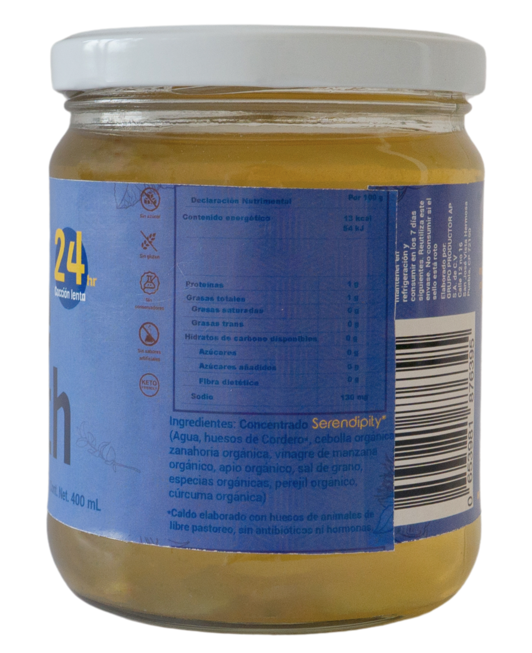 "Imagen de un frasco de caldo de huesos orgánico de pollo de Serendipity Life, con la tabla nutricional claramente visible en la etiqueta. Esta tabla proporciona información detallada sobre los nutrientes presentes en el caldo, destacando su valor nutricional y sus beneficios para la salud. Esta imagen ofrece a los clientes una visión clara de los componentes y la calidad del producto, respaldando la transparencia y la confianza en la marca