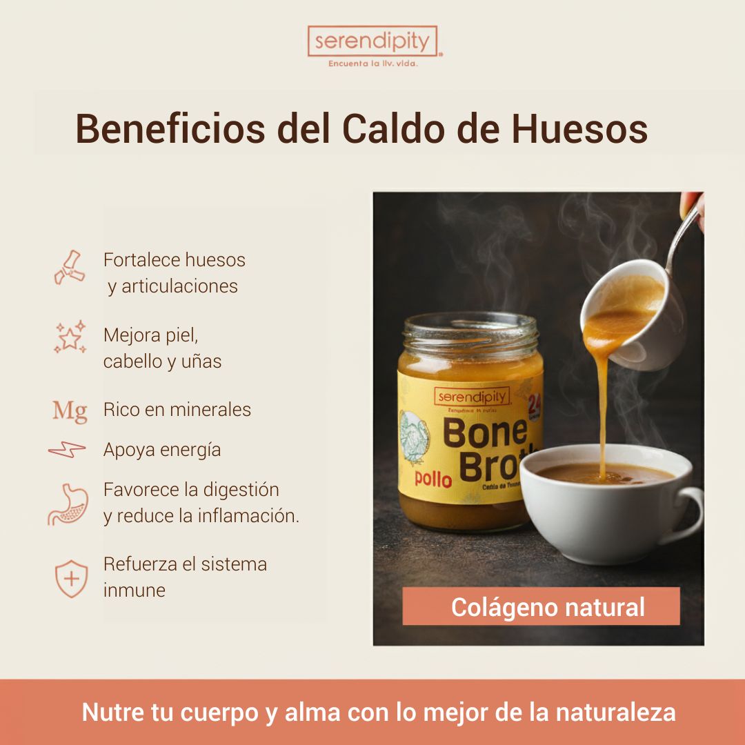 “Imagen con todos los beneficios del caldo de huesos orgánico: fuente natural de colágeno, 18 g de proteína, mejora digestión, fortalece articulaciones y huesos, apoya piel, cabello y uñas, refuerza sistema inmune y aporta energía.”