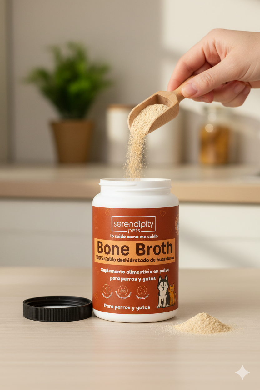 Frasco de caldo de huesos en polvo para perro, suplemento natural rico en colágeno y proteína, ideal para articulaciones y digestión saludabl