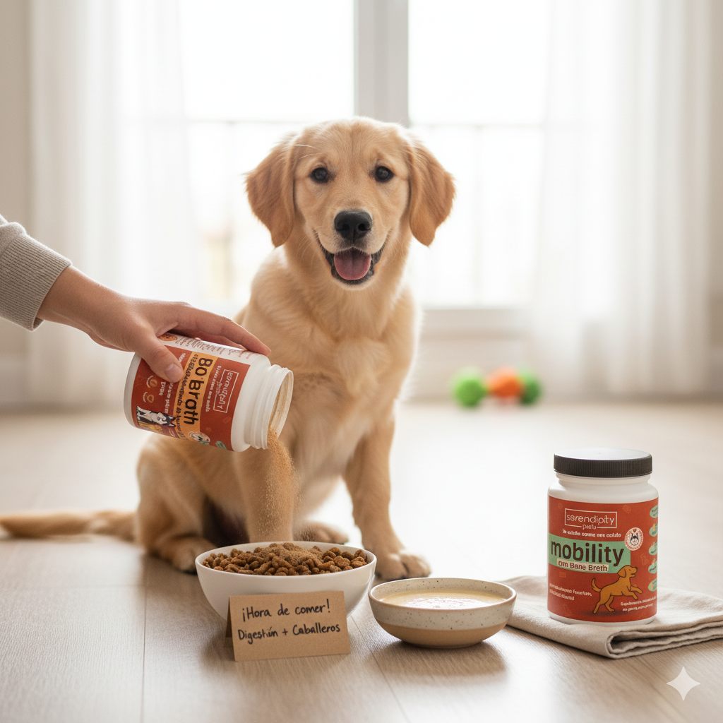 Frascos de Mobility Plus y caldo de huesos en polvo Serendipity Pets para perros y gatos, suplemento natural que apoya articulaciones, digestión y bienestar de las mascotas