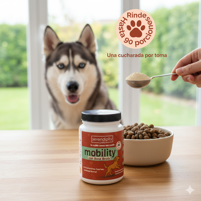 “Frasco de suplemento Mobility Serendipity Pets para perros y gatos, con caldo de huesos en polvo y nutrientes que apoyan articulaciones, movilidad y bienestar de mascotas