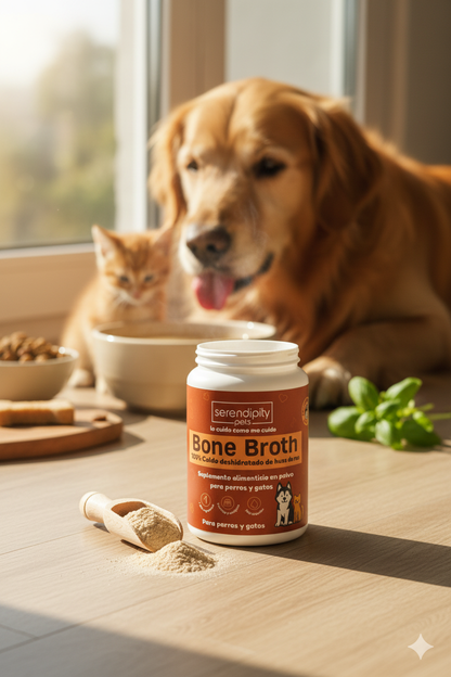 Perro y gato tomando caldo de huesos para mascotas de Serendipity Pets, suplemento natural con colágeno y proteína para articulaciones, digestión y apetito saludable