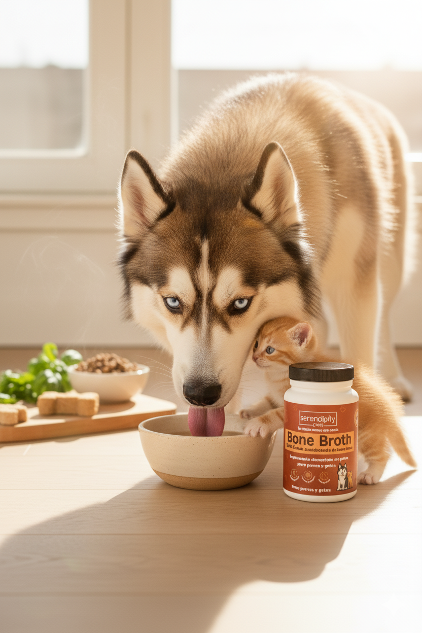 Perro y gato tomando caldo de huesos para mascotas de Serendipity Pets, suplemento natural con colágeno y proteína para articulaciones, digestión y apetito saludable
