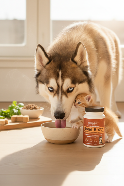 Perro y gato tomando caldo de huesos para mascotas de Serendipity Pets, suplemento natural con colágeno y proteína para articulaciones, digestión y apetito saludable