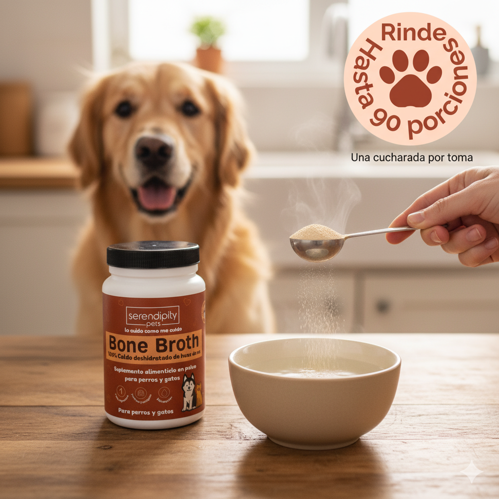 Frasco de caldo de huesos en polvo para perro, suplemento natural rico en colágeno y proteína, ideal para articulaciones y digestión 